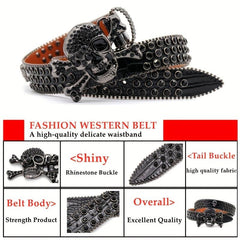Rhinestone Skull Buckle PU Belt Y2K Sparkling Waistband Punk Jeans Belt