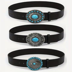 Boho Oval Buckle Belt Faux Jade Western Cowboy Wide Belts
