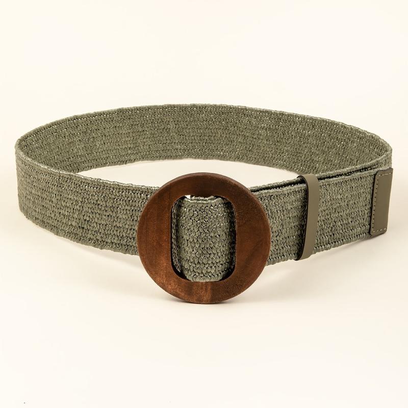Women Woven Elastic Casual Solid Belt Stretch Belt With Wooden Buckle