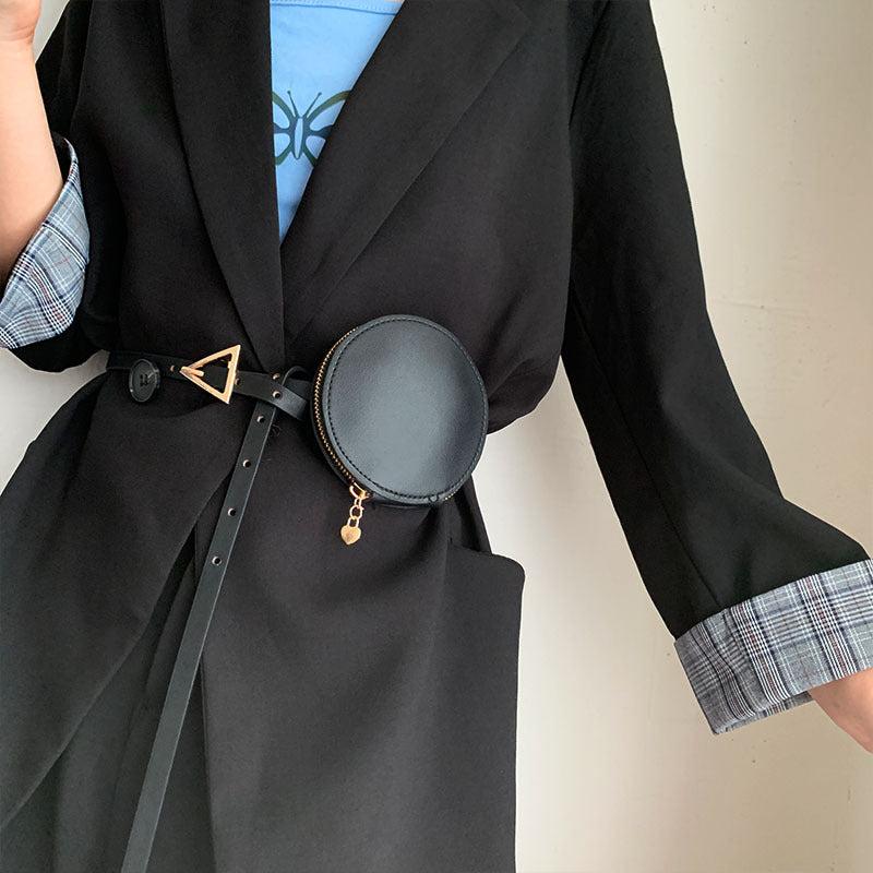 Triangular Pin Buckle Belt With Waist Bag Detachable Round Purse