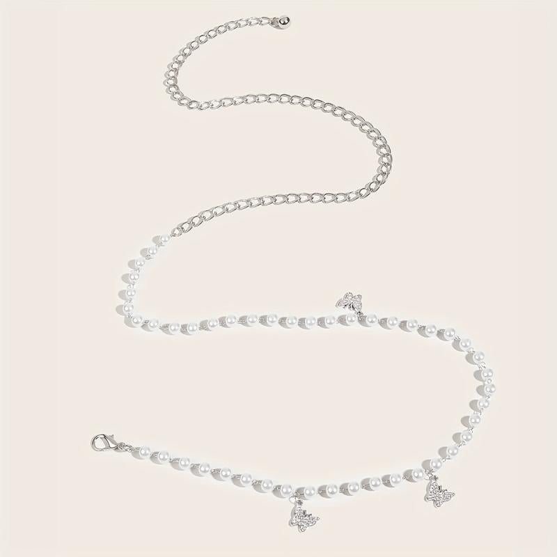 Butterfly Pendant Waist Chain Layered Pearl Tassel Metal Belt Dress Girdle