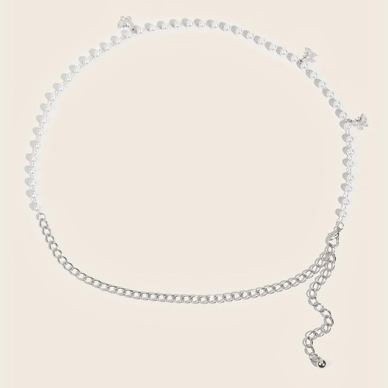 Butterfly Pendant Waist Chain Layered Pearl Tassel Metal Belt Dress Girdle