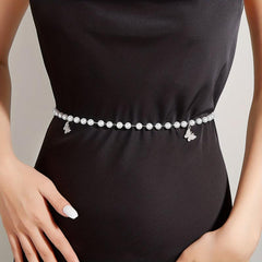 Butterfly Pendant Waist Chain Layered Pearl Tassel Metal Belt Dress Girdle