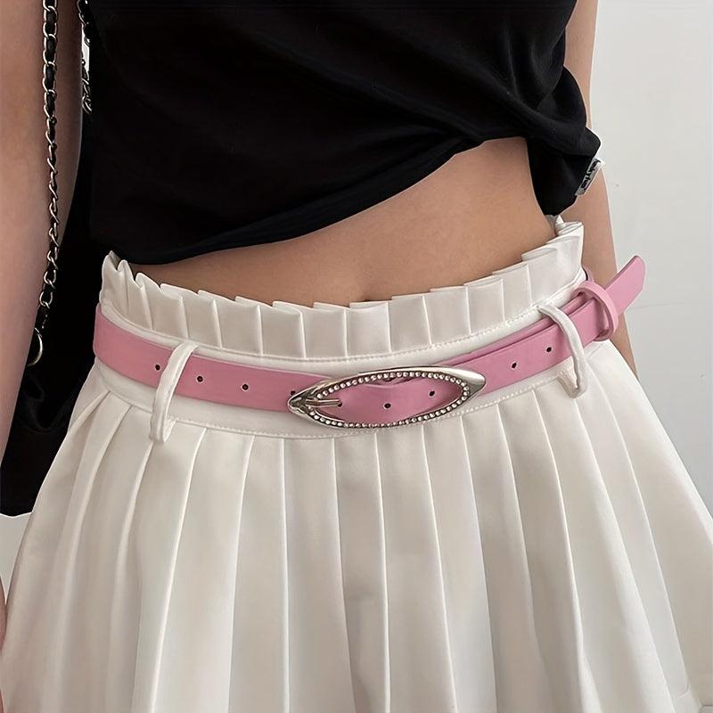 Pink Y2K Thin Belt Rhinestone Oval Pin Buckle PU Leather Waistband