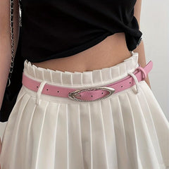 Pink Y2K Thin Belt Rhinestone Oval Pin Buckle PU Leather Waistband