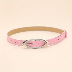Pink Y2K Thin Belt Rhinestone Oval Pin Buckle PU Leather Waistband