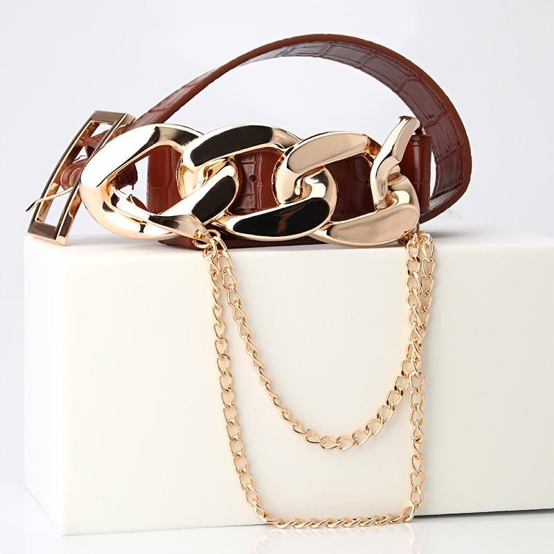 Chain Buckle Belt PU Leather Decor Waist Dress Coat Waistband