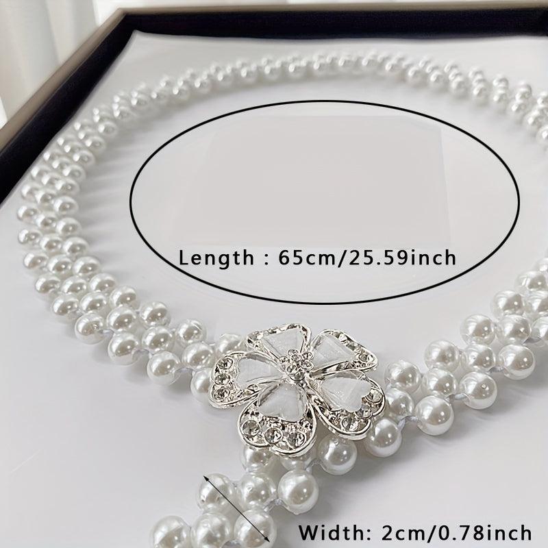 Faux Pearl Girdle Flower Decor Elastic Dress Waistband Chain Belts