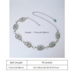 Turquoise Chain Waist Belt Silver Cowgirl Western Oval Tripe Belts