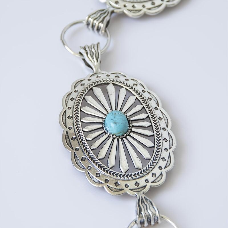 Turquoise Chain Waist Belt Silver Cowgirl Western Oval Tripe Belts