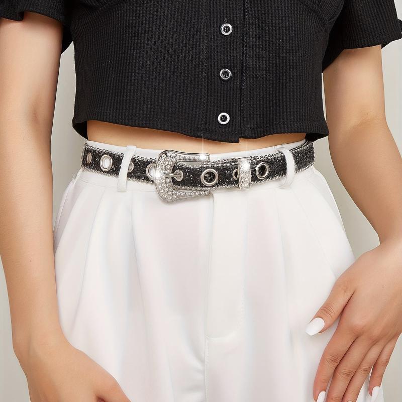 Sparkling Sequin Eyelet Belt Silvery Rhinestone PU Leather Y2K Jeans Waistb