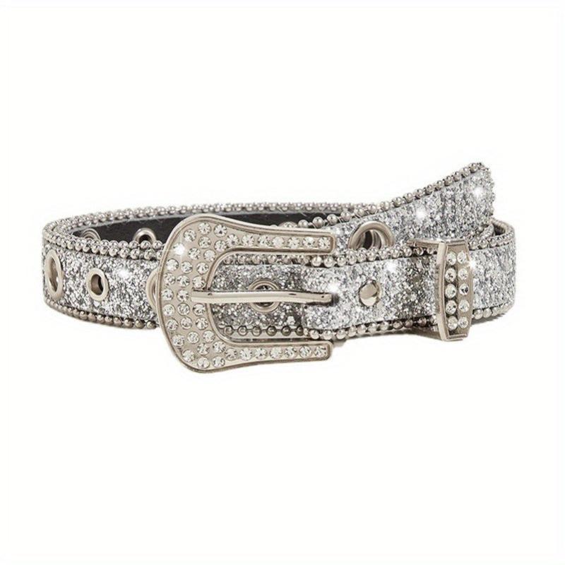 Sparkling Sequin Eyelet Belt Silvery Rhinestone PU Leather Y2K Jeans Waistb