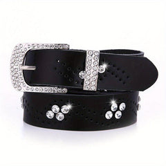 Rhinestone Leather Belt Hollow Design Casual Jeans Belt for Women