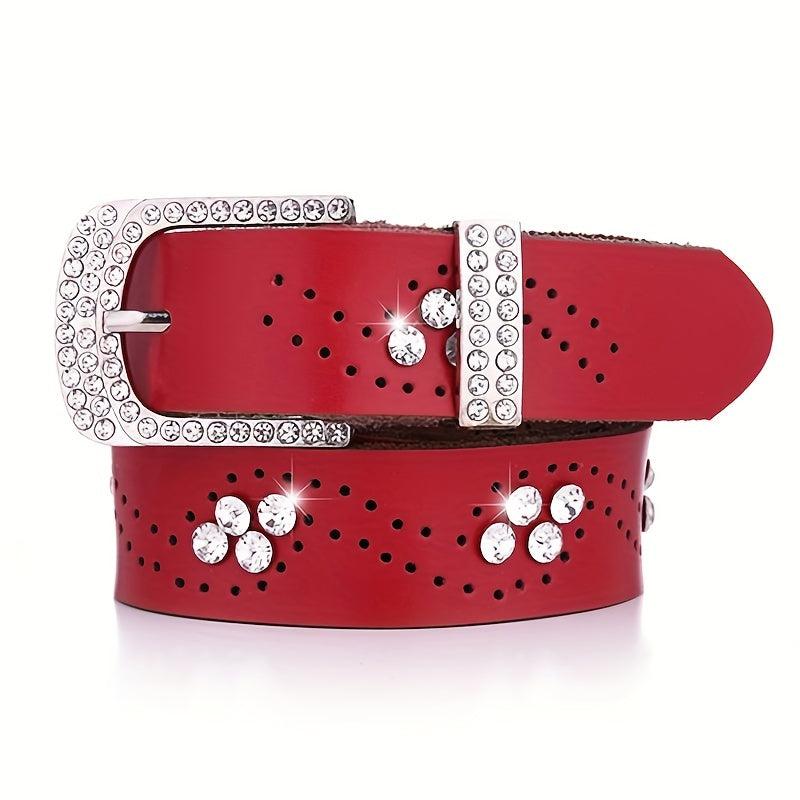 Rhinestone Leather Belt Hollow Design Casual Jeans Belt for Women