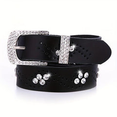 Rhinestone Leather Belt Hollow Design Casual Jeans Belt for Women
