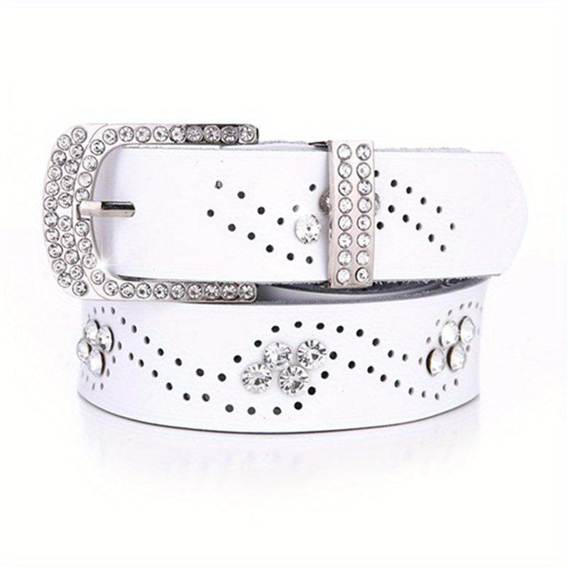 Rhinestone Leather Belt Hollow Design Casual Jeans Belt for Women