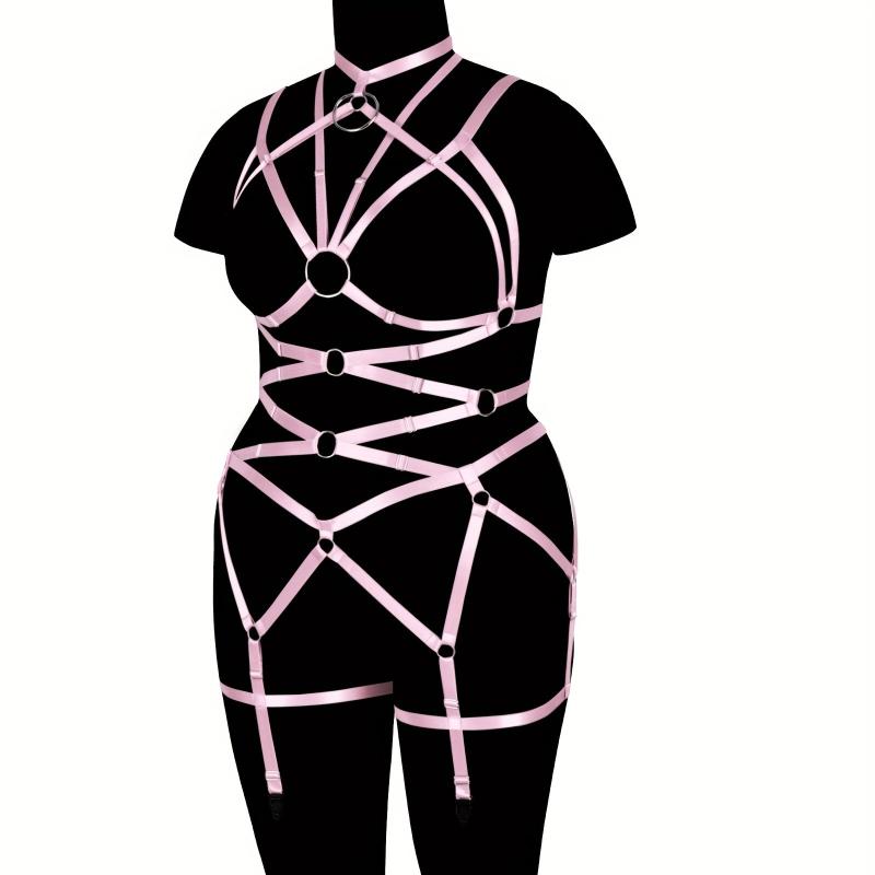 Pink Hollow Out Body Harness Bra Waistband Elastic Sexy