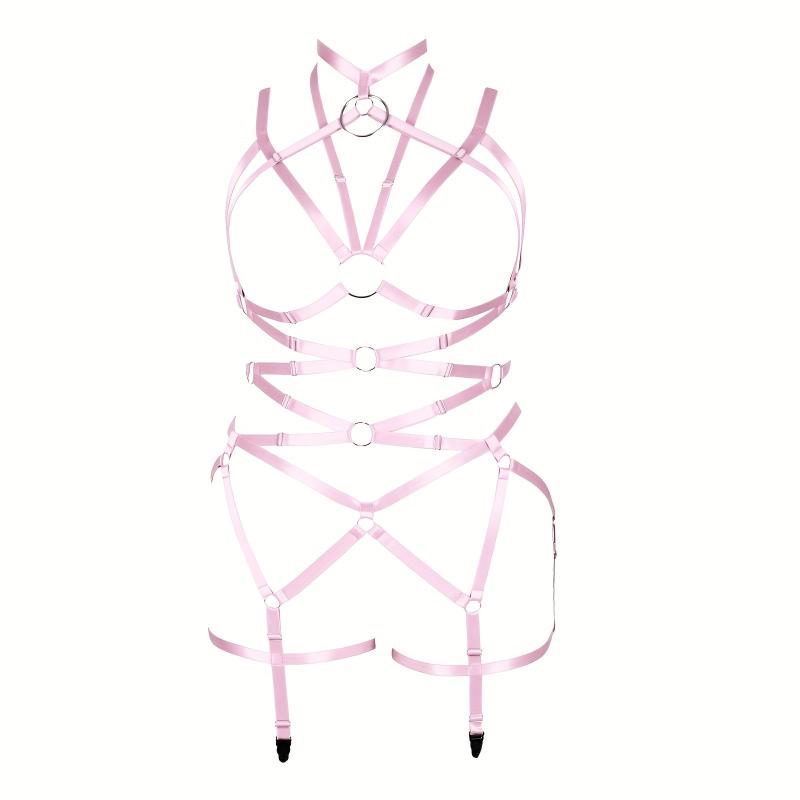 Pink Hollow Out Body Harness Bra Waistband Elastic Sexy