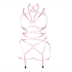 Pink Hollow Out Body Harness Bra Waistband Elastic Sexy
