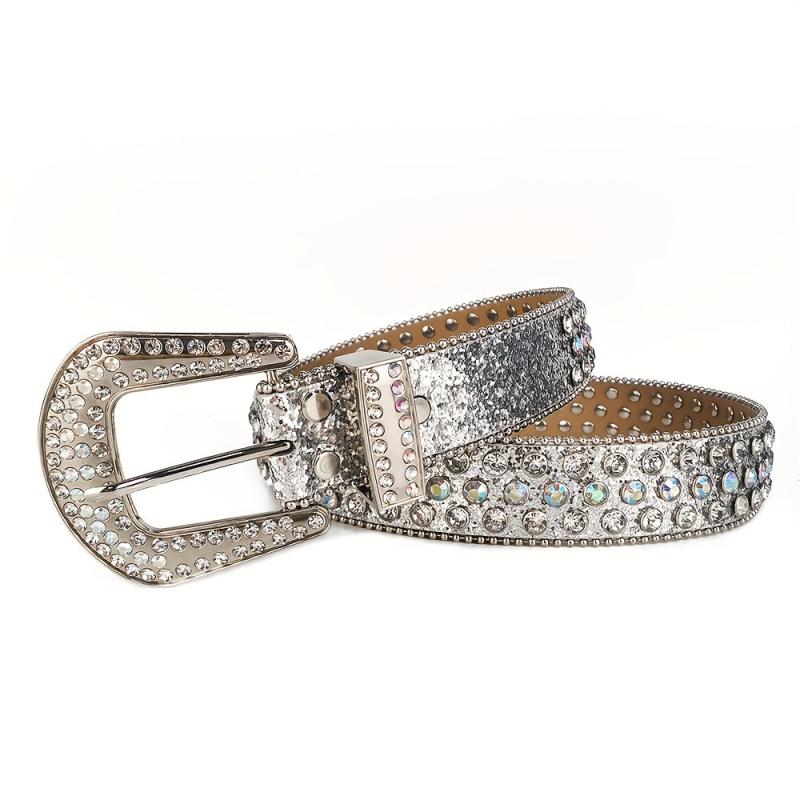 Silvery Glitter Rhinestone Belt Eyelet PU Leather Belt Hip Hop Jeans Pants Belt