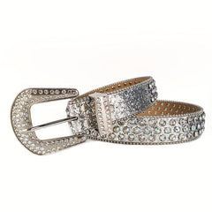 Silvery Glitter Rhinestone Belt Eyelet PU Leather Belt Hip Hop Jeans Pants Belt