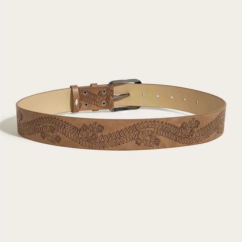 Vintage Flower Leather Belt Brown Print Buckle Belt