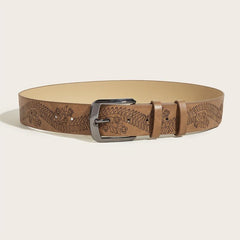 Vintage Flower Leather Belt Brown Print Buckle Belt