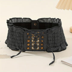 Elastic Waistband Ruffles Wide Belt Dress Coat Girdle