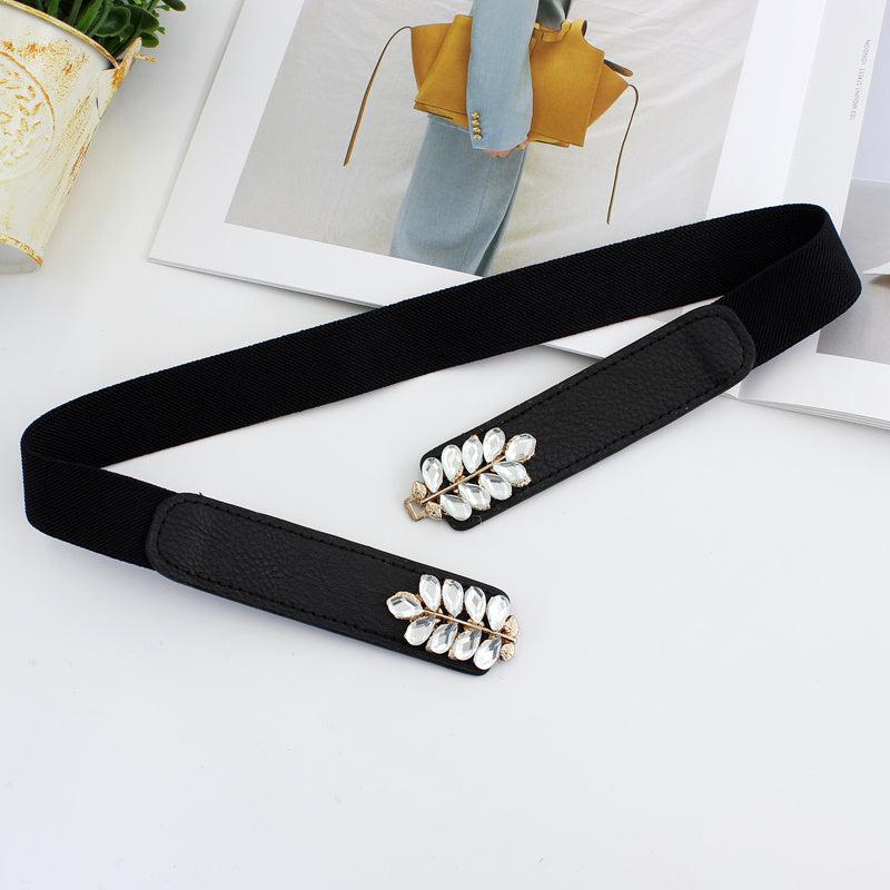 Women's Flower & Leaf Rhinestone Elastic Belt All-match Waist Cover