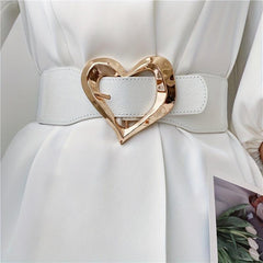 Golden Heart Buckle Wide Belt Elastic Waistband for Women