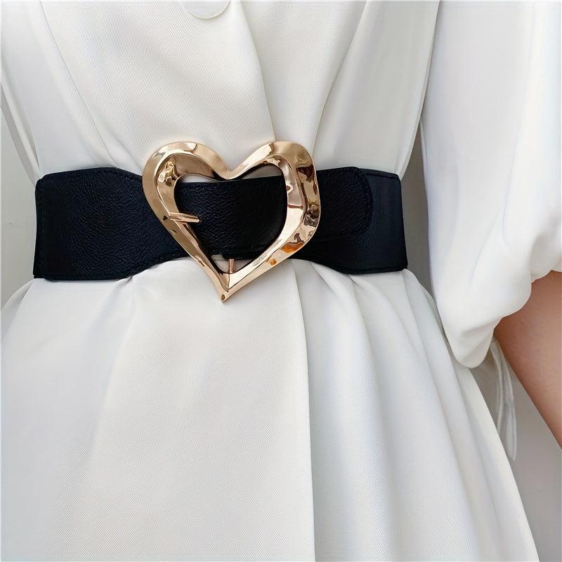 Golden Heart Buckle Wide Belt Elastic Waistband for Women