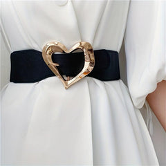 Golden Heart Buckle Wide Belt Elastic Waistband for Women