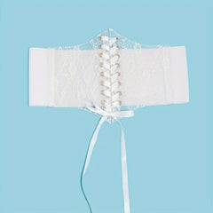 Lace-Up Corset Belt with Bowknot - Elastic Waistband Solid Design