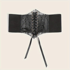 Lace-Up Corset Belt with Bowknot - Elastic Waistband Solid Design