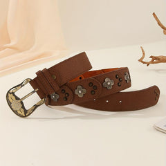 Vintage Flower Rivet Brown Belt Boho Carved Buckle Rhinestone Belt