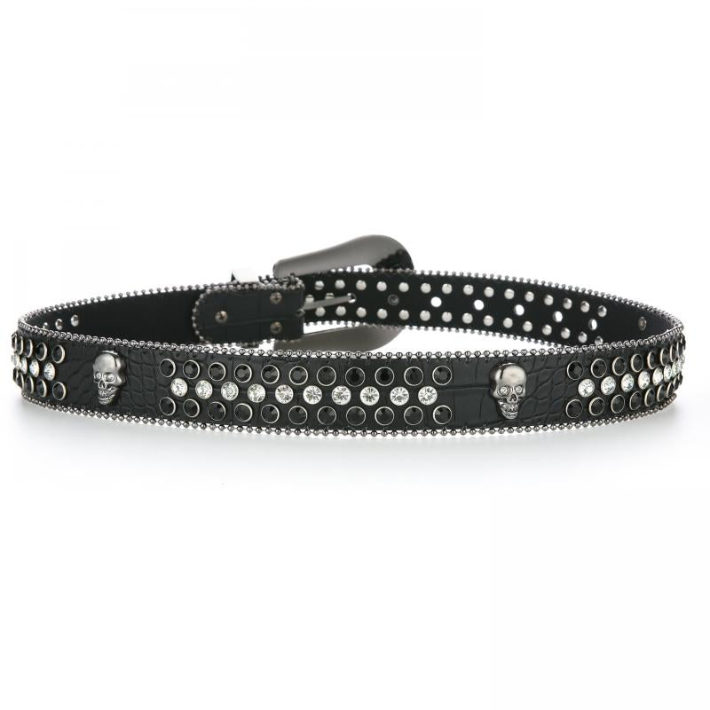 Y2K Rhinestone Skull Buckle Leopard Belt Hip Hop Cowboy Cowgirl PU Leather