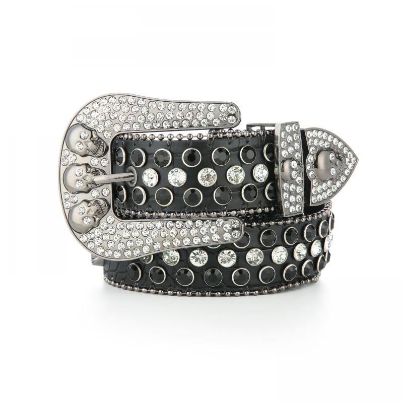 Y2K Rhinestone Skull Buckle Leopard Belt Hip Hop Cowboy Cowgirl PU Leather