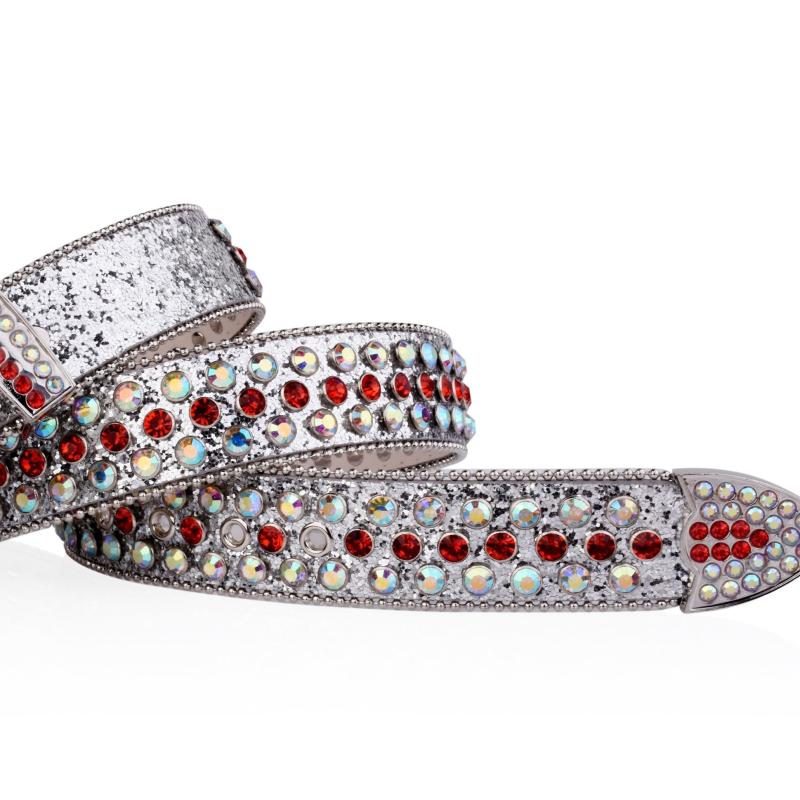 Y2K Silvery & Red Glitter PU Belt Rhinestone Decor Hip Hop Jeans Pants Belt