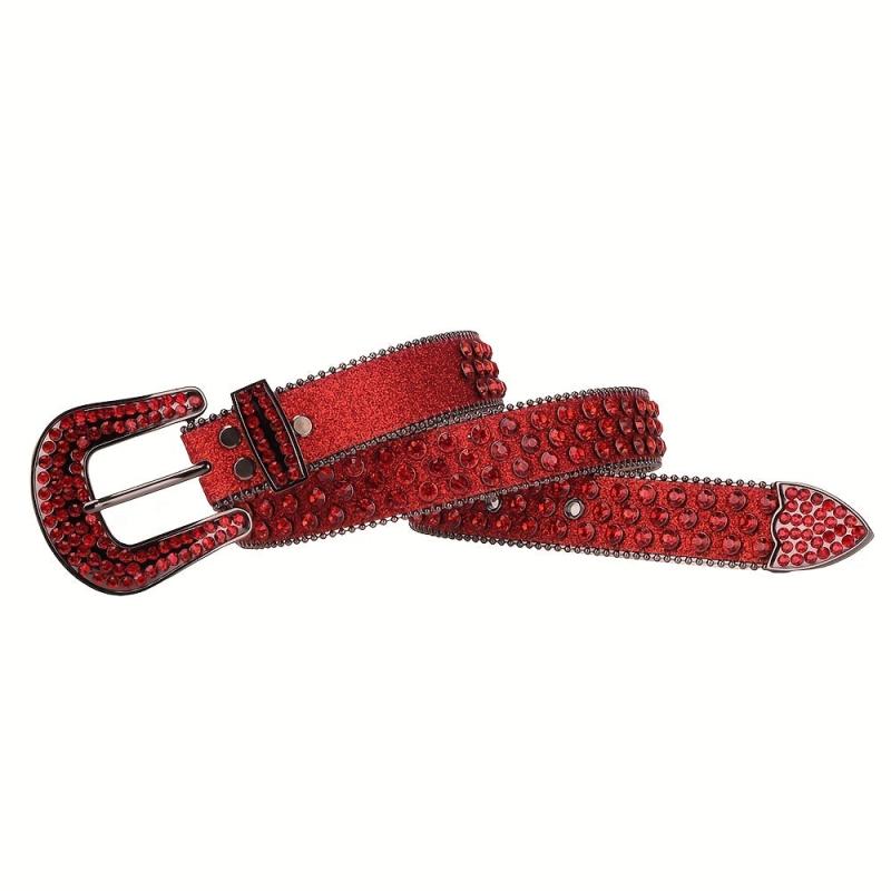 Red Sparkle Rhinestone Belts Women Punk Studded Belts Western Cowgirl