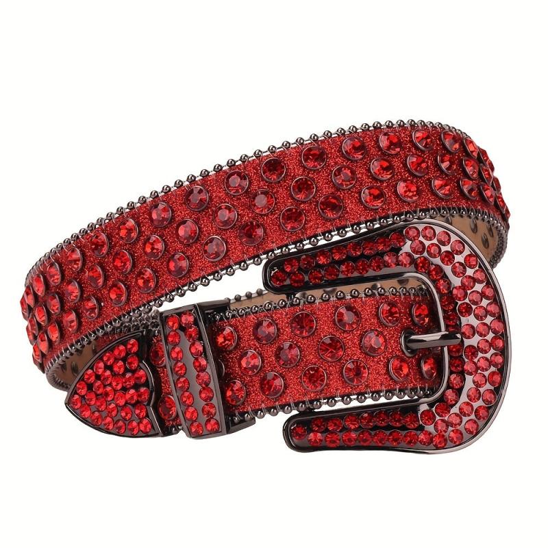 Red Sparkle Rhinestone Belts Women Punk Studded Belts Western Cowgirl