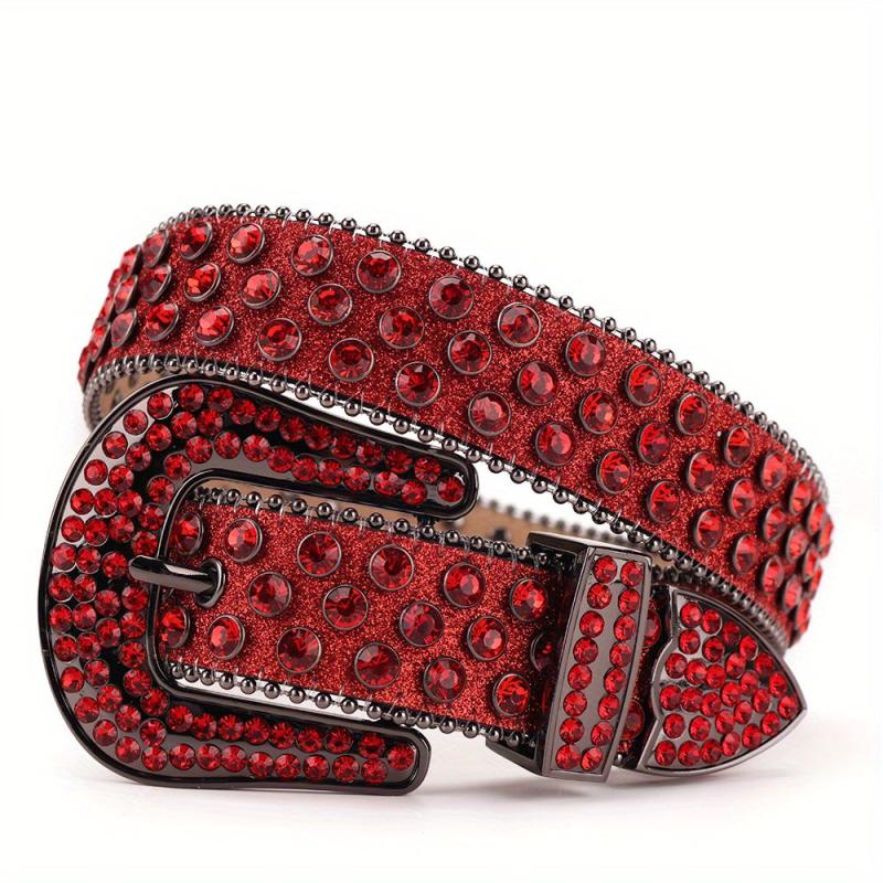 Red Sparkle Rhinestone Belts Women Punk Studded Belts Western Cowgirl