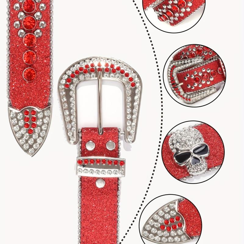Red Rhinestone Hip Hop Belt Skull Rivet Decor Glitter Sparkling PU Leather Belt