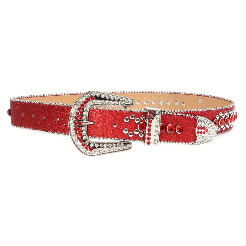 Red Rhinestone Hip Hop Belt Skull Rivet Decor Glitter Sparkling PU Leather Belt