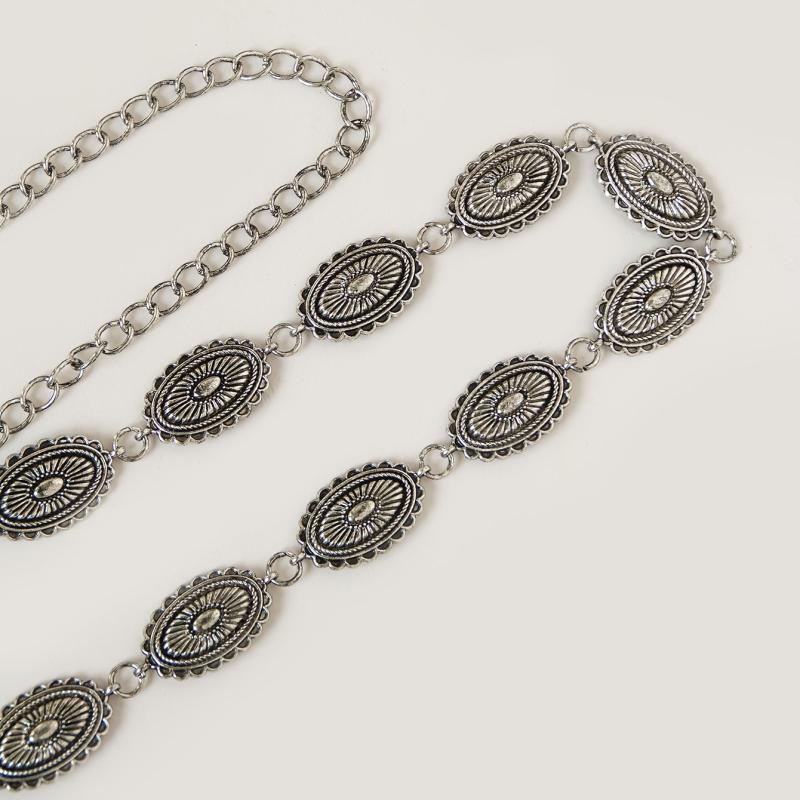 Vintage Engraved Metal Waist Chain Beaded Pendant Skinny Waist Belt