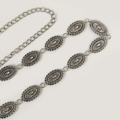 Vintage Engraved Metal Waist Chain Beaded Pendant Skinny Waist Belt
