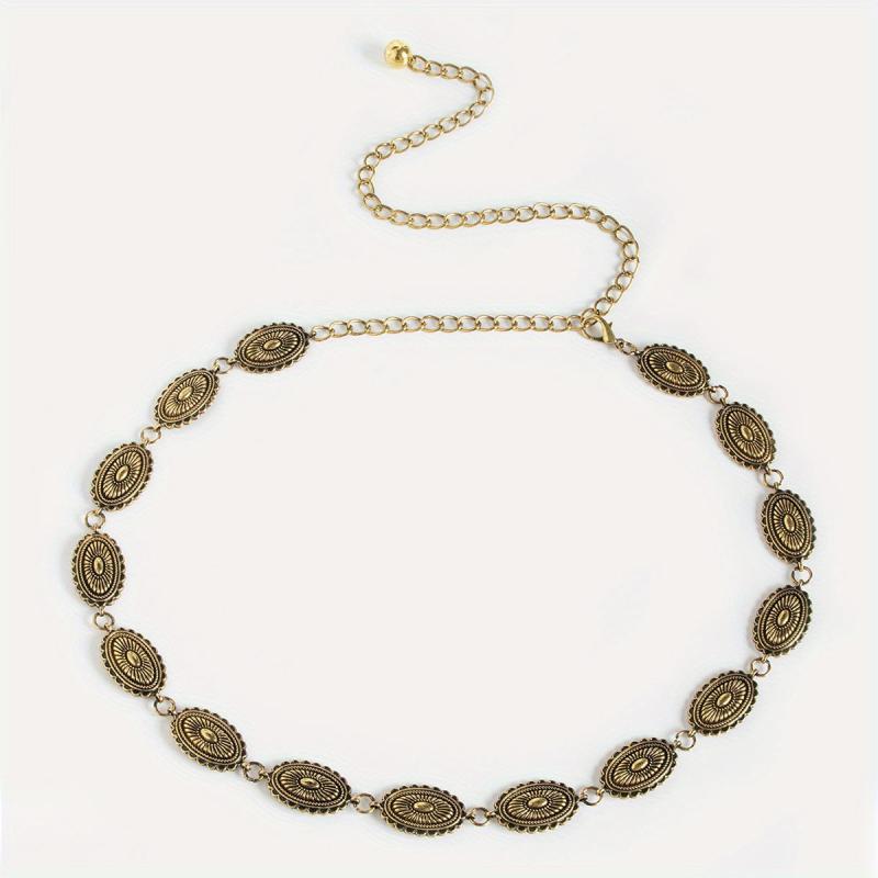 Vintage Engraved Metal Waist Chain Beaded Pendant Skinny Waist Belt