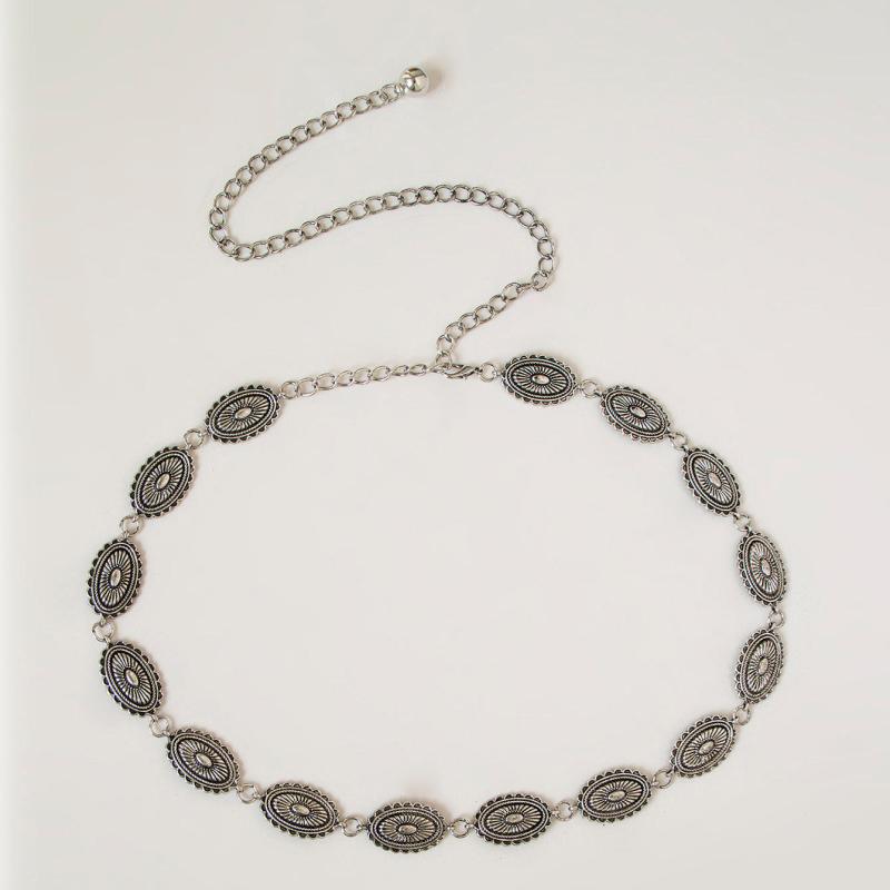 Vintage Engraved Metal Waist Chain Beaded Pendant Skinny Waist Belt