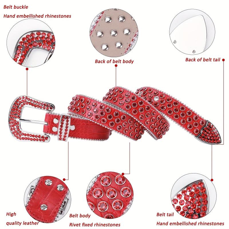 Red Sparkle Rhinestone Belts Western Cowboy Cowgirl Hip Hop Punk Studded PU Leat