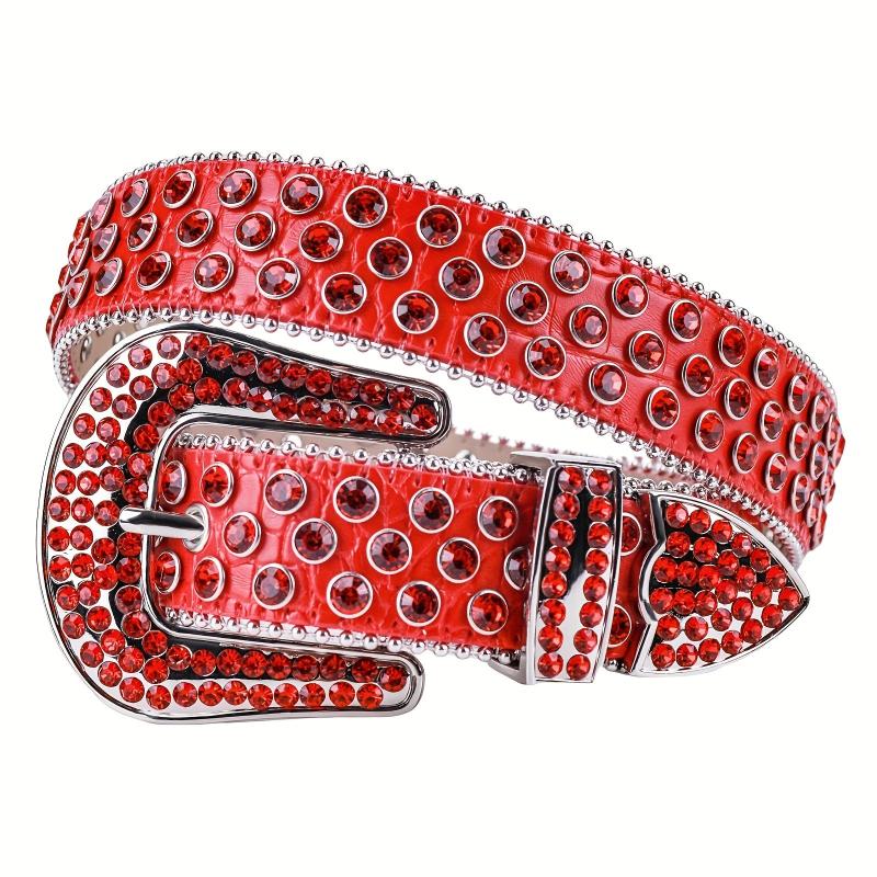 Red Sparkle Rhinestone Belts Western Cowboy Cowgirl Hip Hop Punk Studded PU Leat