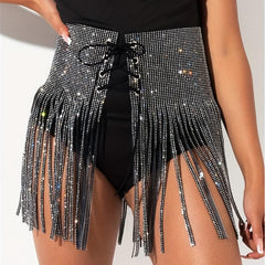Rhinestone Tassel Skirt Belt Y2K Sparkly Wrap Sexy Fringe Waistband